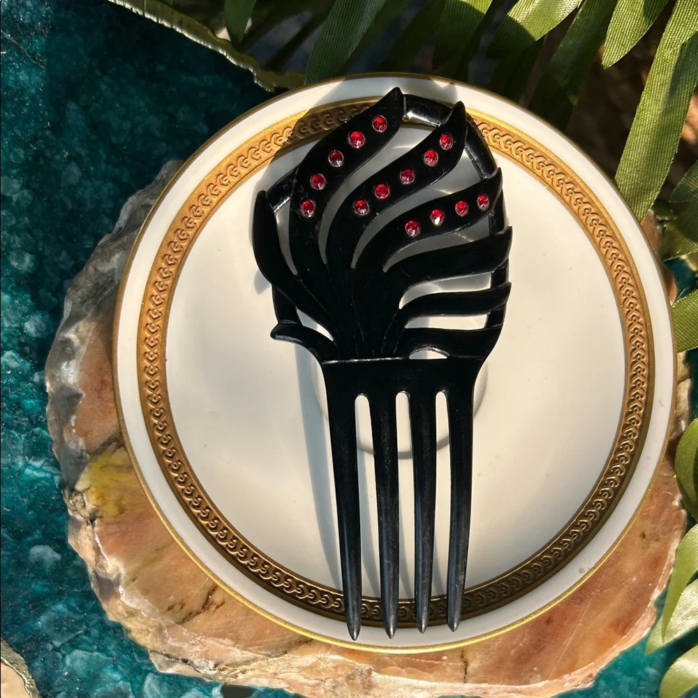 Vintage Black Celluloid Spanish Style Art Nouveau Hair Comb w Red Rhinestones